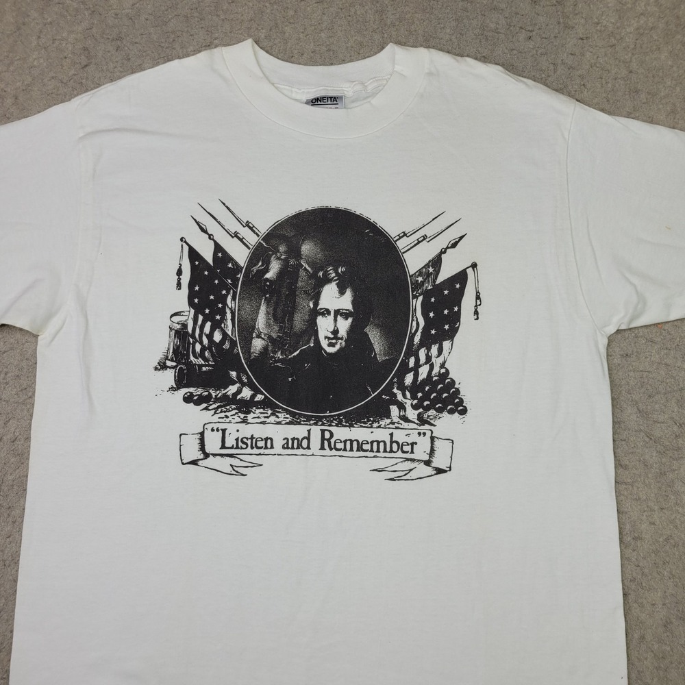 Vintage Oneita‎ Power-T Shirt Mens XL White Listen and Remember Short Sleeve